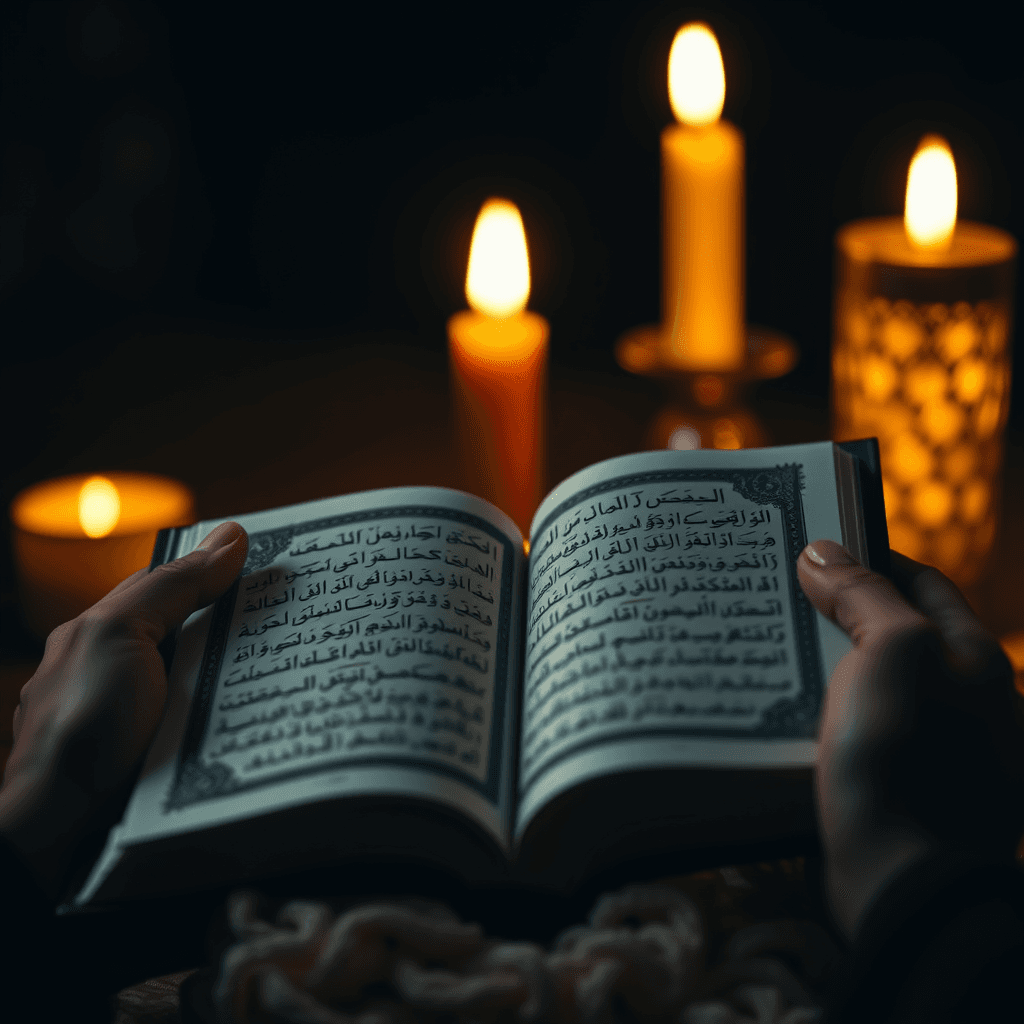 Hands holding Quran by candlelight